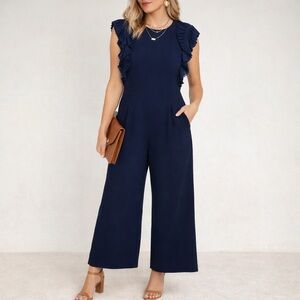 Chelsea 28 Navy Blue Ruffle Shoulder Wide Leg Jumpsuit Size 18 NWT
